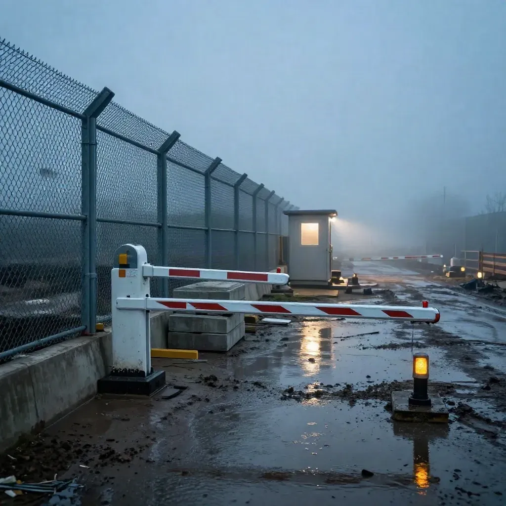 Wet construction gate at dawn with fog, barrier arm, fence, cabin light and puddle reflections