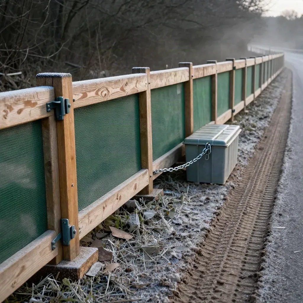 Bristol site perimeter at dawn with hoarding, chains, tool container and frost haze.