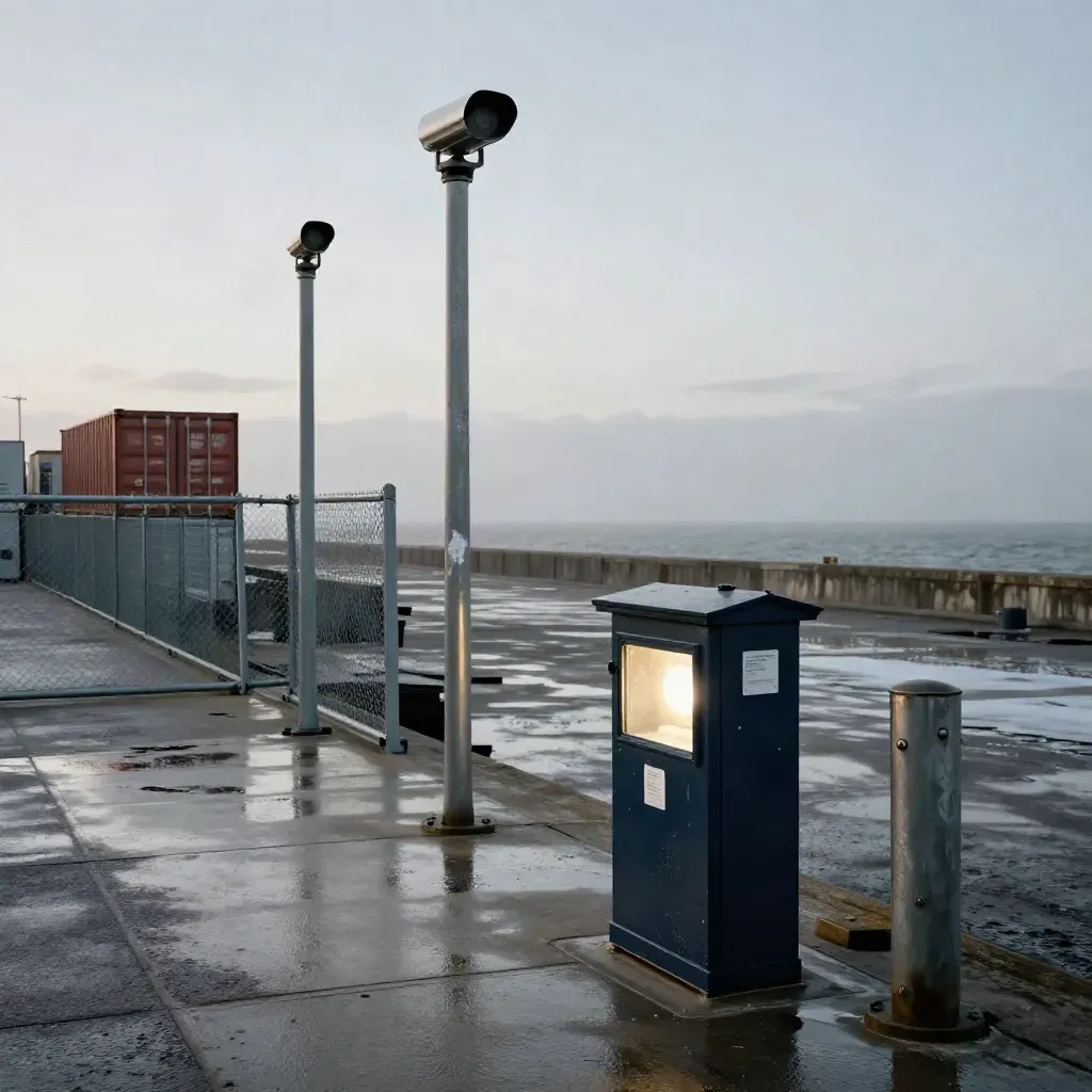 Liverpool dockside CCTV masts and lit gate box watching wet concrete and containers.
