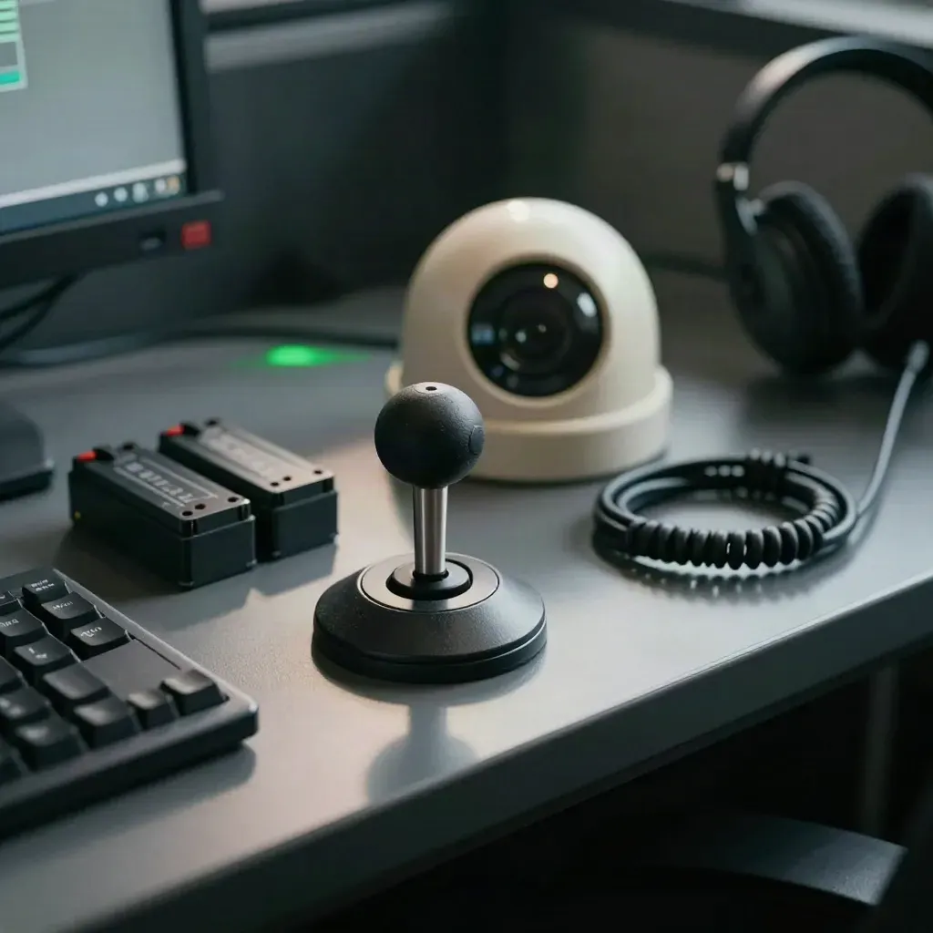 CCTV joystick, dome sample, batteries and headset dock on a dark monitoring console