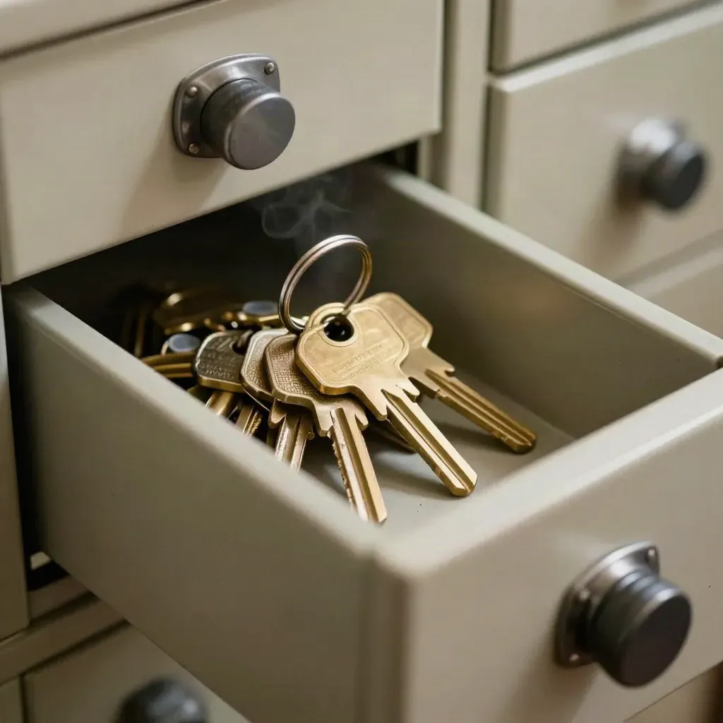 Brass keys and tamper seals in a secure drawer with a lock box edge