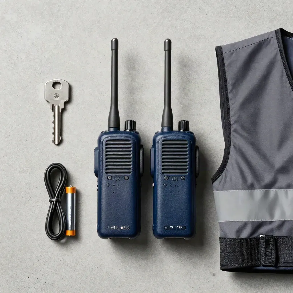Overhead flatlay of radios, spare batteries and folded hi-vis vest on pale concrete.